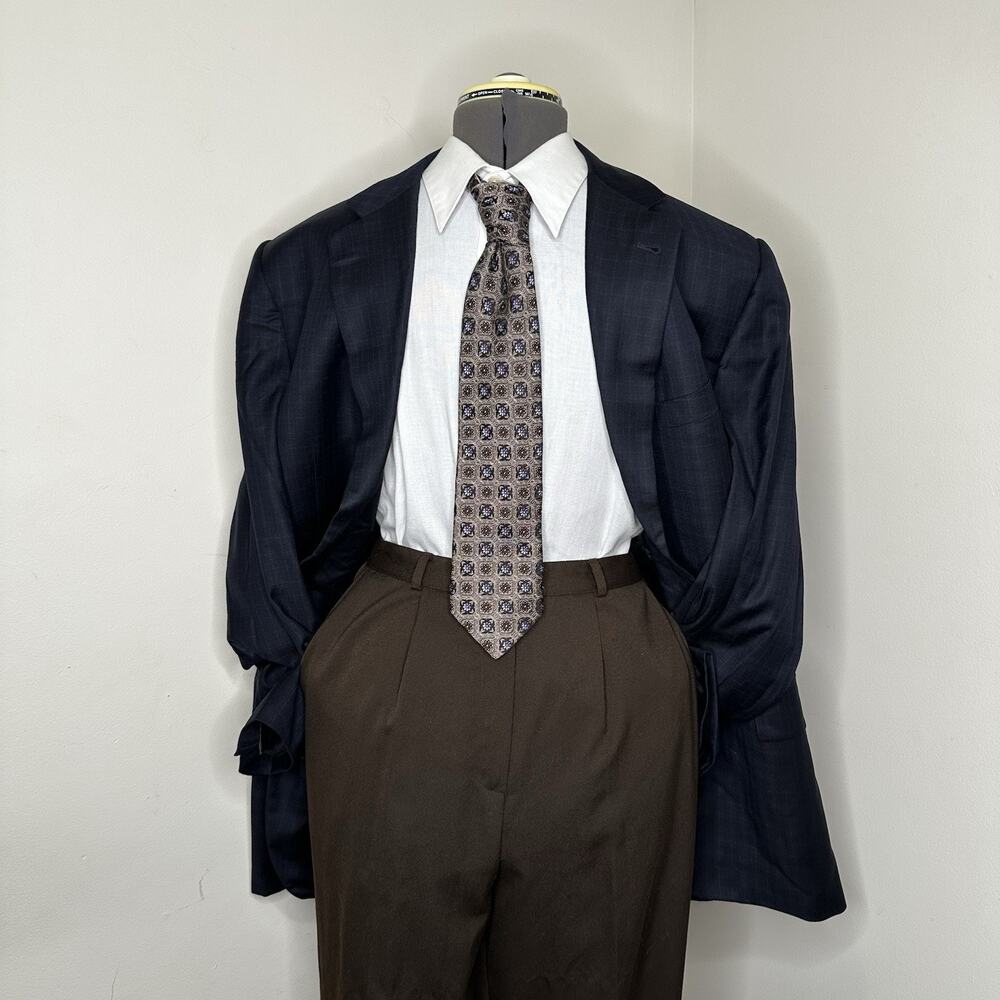 Joseph Abboud 43L Blazer Navy Blue Windowpane Wool Mens Sport Coat Suit Jacket